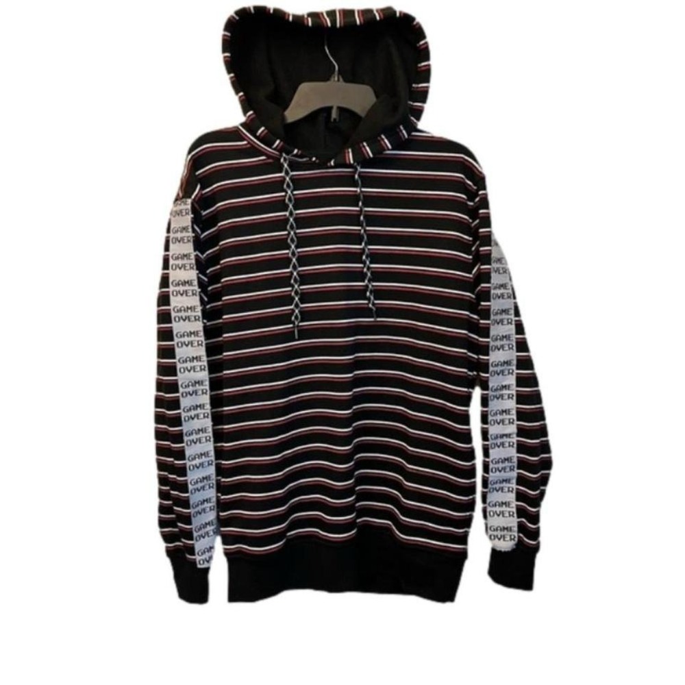 NWOT Rebel Star Strip Cotton Blend Hooded Sweatshirt M GAME OVER AOP on Sleeves